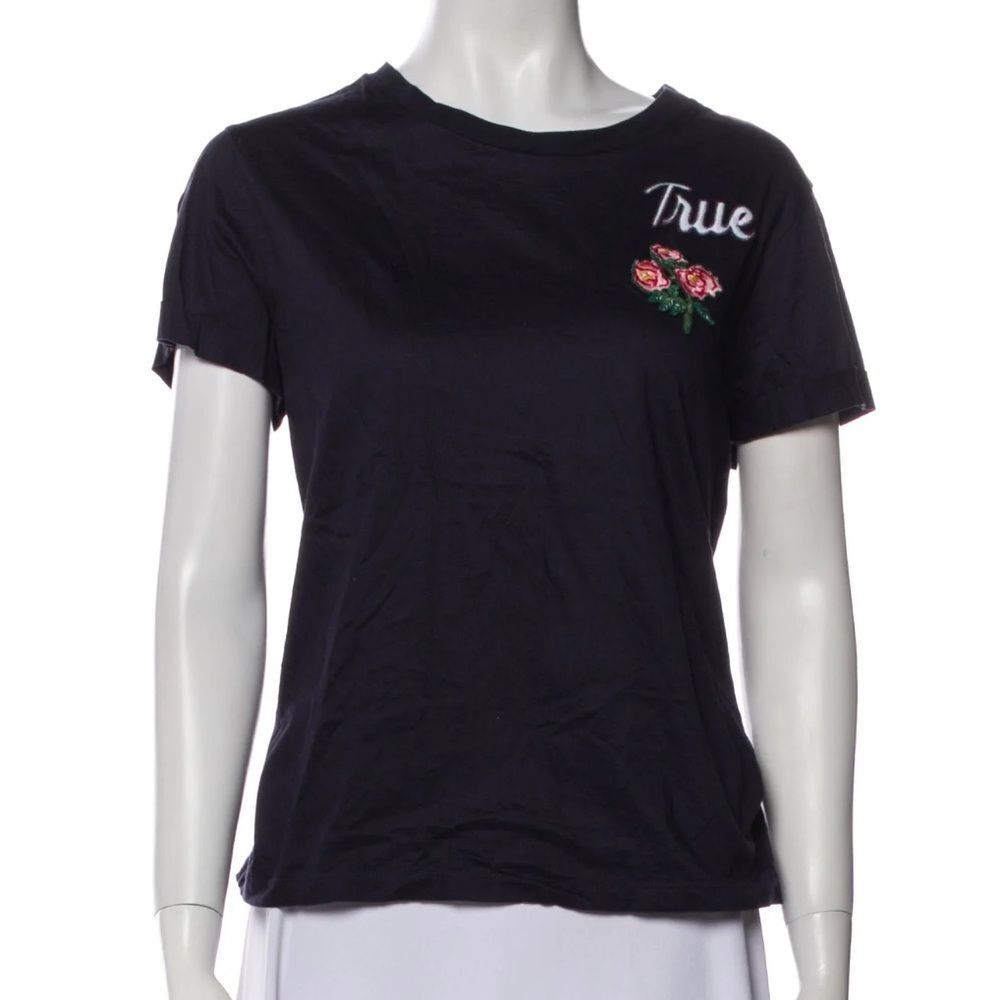 Sandro Dark Blue Tee with Floral Embroidery open back with tie med